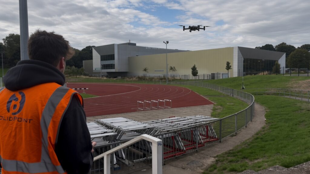 SolidPoint surveyor conducting a drone survey at Moorways Sports Village Everything You Need to Know About 3D Drone Surveys